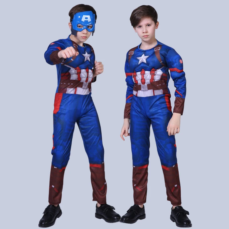 Kids Captain America Muscle Costume Jumpsuit Superhero Captain America Cosplay Jumpsuit Shield Cloak Halloween Costume for Child