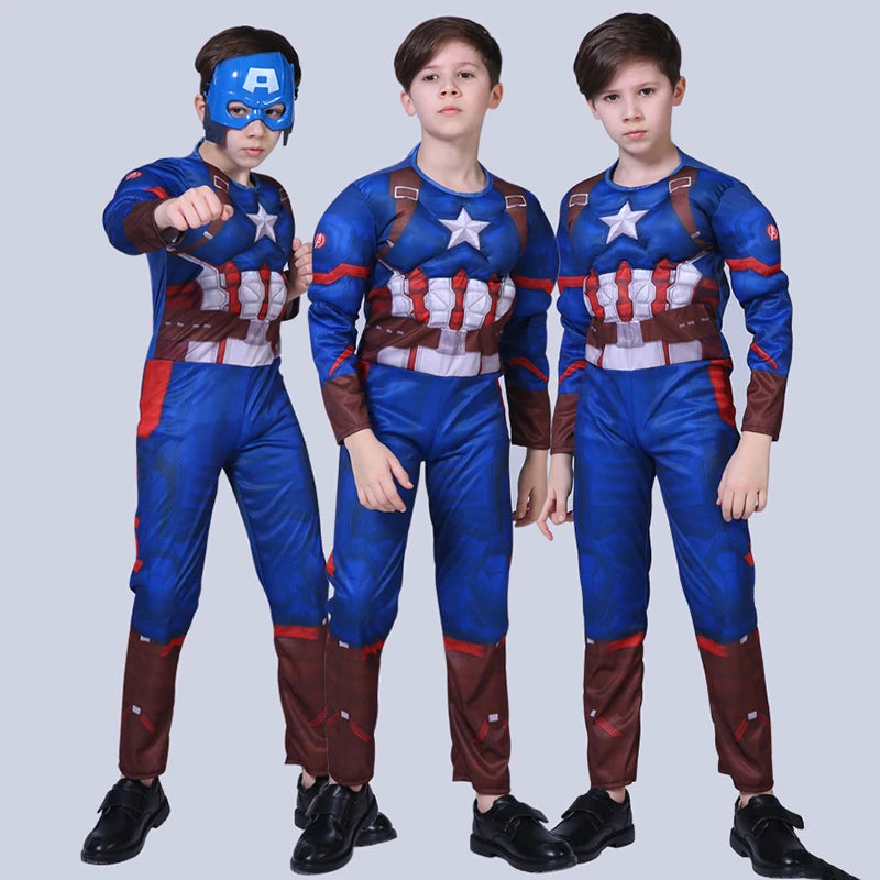 Kids Captain America Muscle Costume Jumpsuit Superhero Captain America Cosplay Jumpsuit Shield Cloak Halloween Costume for Child