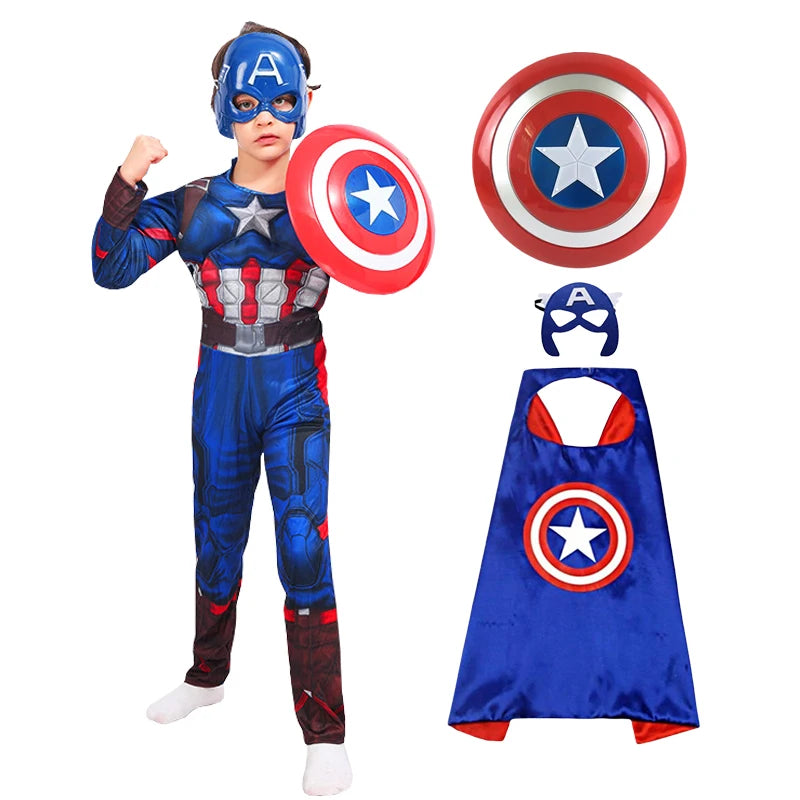 Kids Captain America Muscle Costume Jumpsuit Superhero Captain America Cosplay Jumpsuit Shield Cloak Halloween Costume for Child